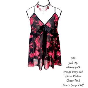 90's y2k vtg. Black Roses Ribbon‎ Baby Doll Sheer Blouse Top Large whimsy goth